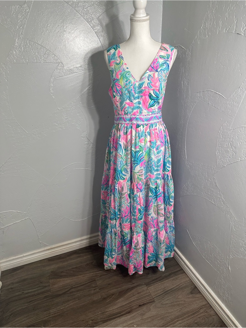 Lilly Pulitzer Tropical Floral Maxi Dress Pink Green Sleeveless Resort. - Picture 10 of 12